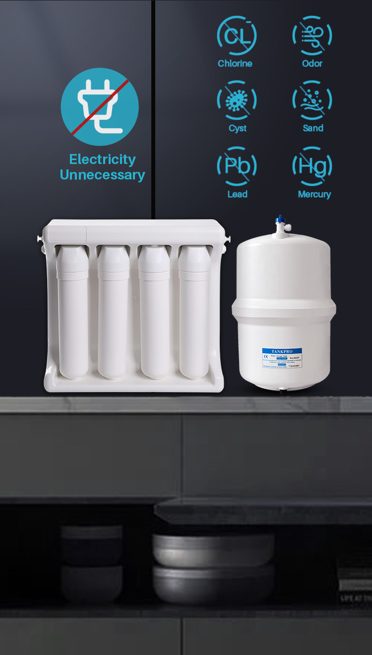 showing of under sink 4 stage ro system with water tank
