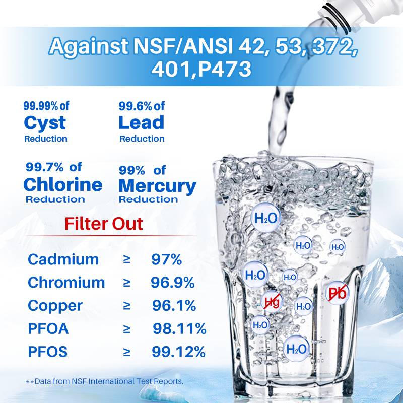 filtration rate on commonly-see contaminants in water against NSF/ANSI standards